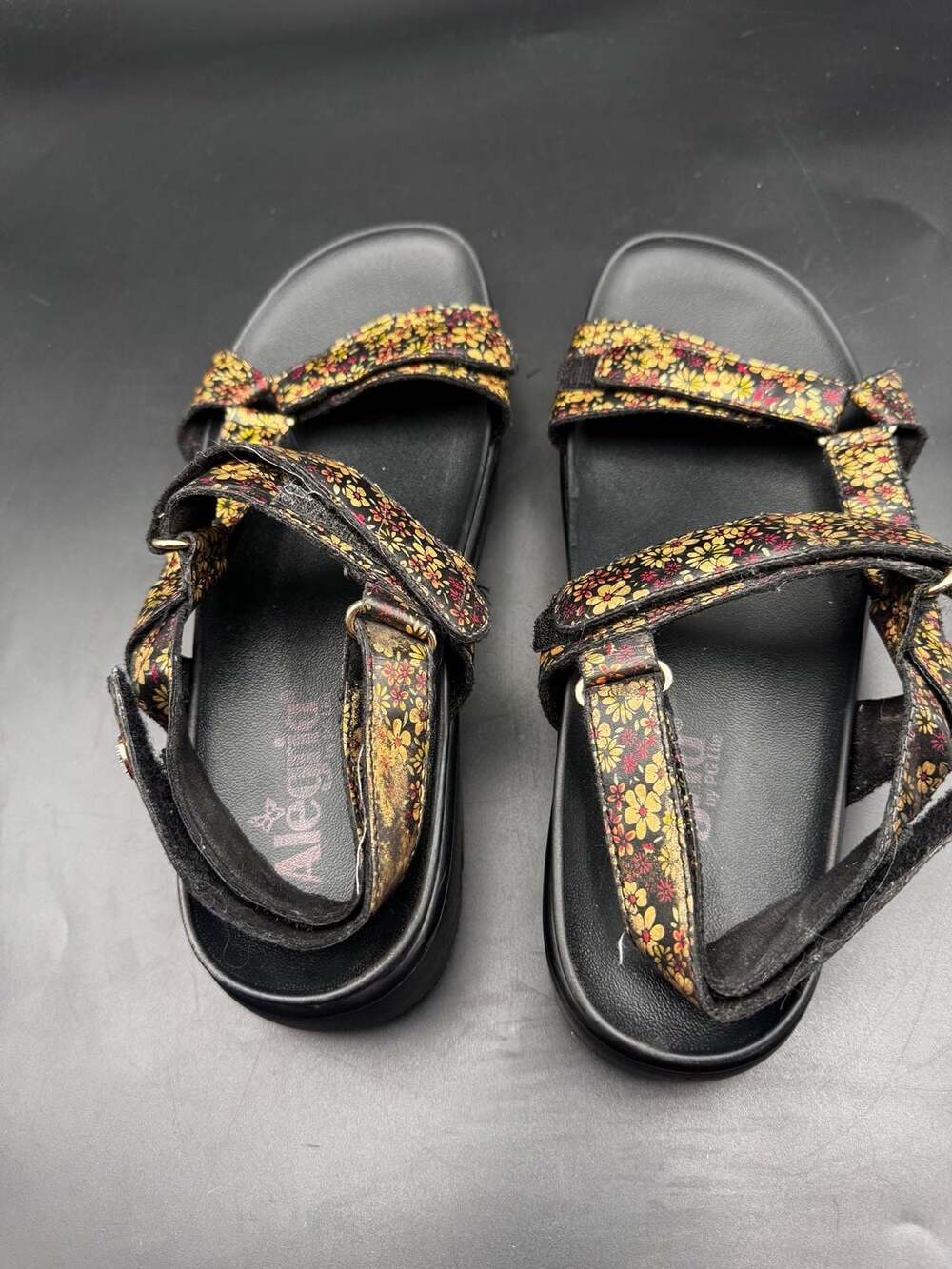 Alegria Henna Black Gold Floral Platform Slingback Sandals
